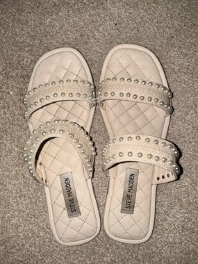 Steve Madden Cream Pearl-Trim Woven Strap Sandals